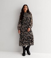 New Look Petite Black Leopard Print Chiffon High Neck Midi Dress